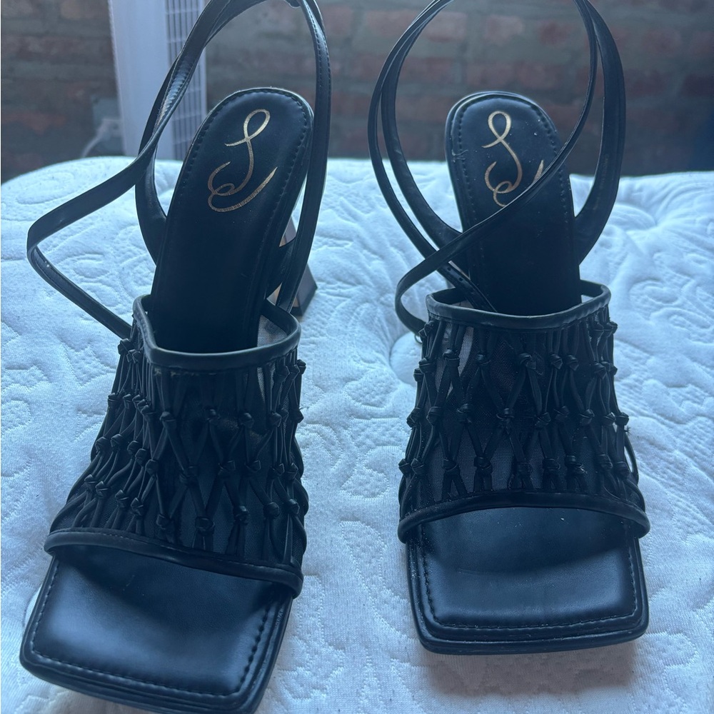 Sam Edelman Black Heels with Fringe Detail and Thin Ankle Straps